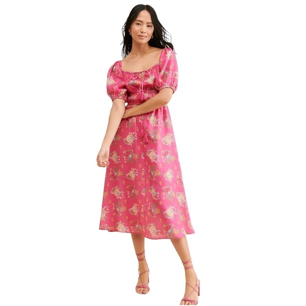 Spell & The Gypsy Pink Floral Solstice Linen Soiree Midi Dress Womens M